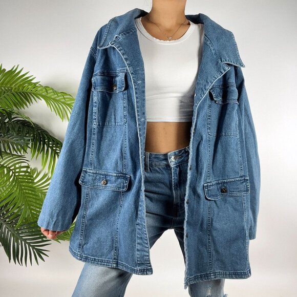 Vintage 90s Grunge Indie Casual Oversized Mid Wash Denim Utility Jacket / L - Picture 5 of 7